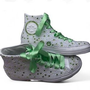 Peridot Green Crystal Diamond & Pearls High Top Converse Sizes 5-14 New